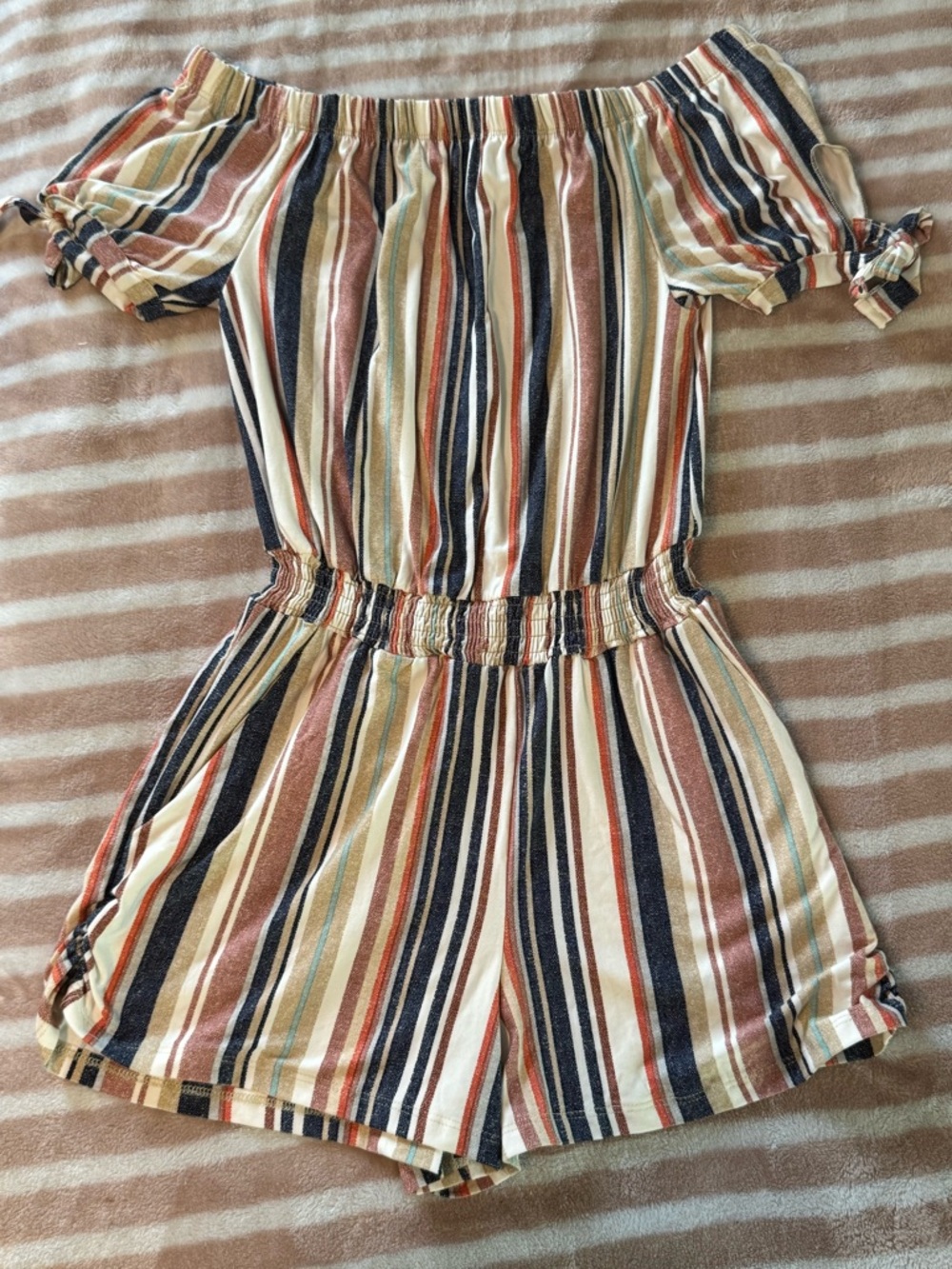 Derek Heart Striped Off-Shoulder Top in Navy, Rust, Cream, Tan, Light Blue